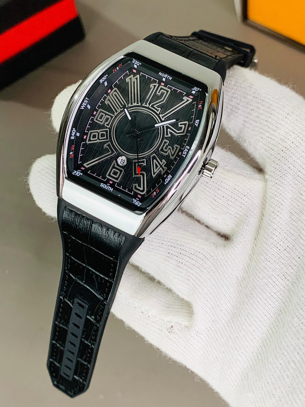 Luxury Tonneau Watch – Bold Number Dial & Leather Strap | Khyber Drip